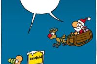 Comic von Ruthe: Ortsschild Bielefeld, drüber schwebt der Weihnachtsmann im Schlitten und sagt "Gibt's doch gar nicht", genauso wie ein Mann, der neben dem Schild steht und zum Weihnachtsmann schaut