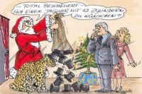 Comic: Weihnachtsmann, verärgert, schüttelt einen Sack Hüte aus, vor ihm sitzt eine große Katze mit ebenso missmutiger Miene. "Bescheuerte Idee, sich einen Jaguar mit zwölf Zylindern zu wünschen!" und ihm gegenüber ein staunendes Ehepaar.
