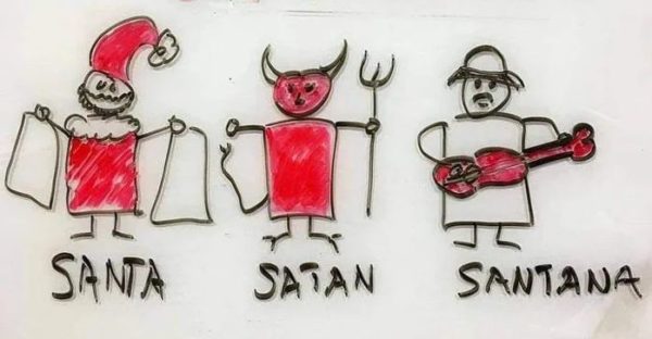 Cartoon: Drei Männchen in einer Reihe: Santa - Satan - Santana, mit den entspr. Attributen Mütze + Sack, Peitsche und Spitzgabel, und Gitarre
